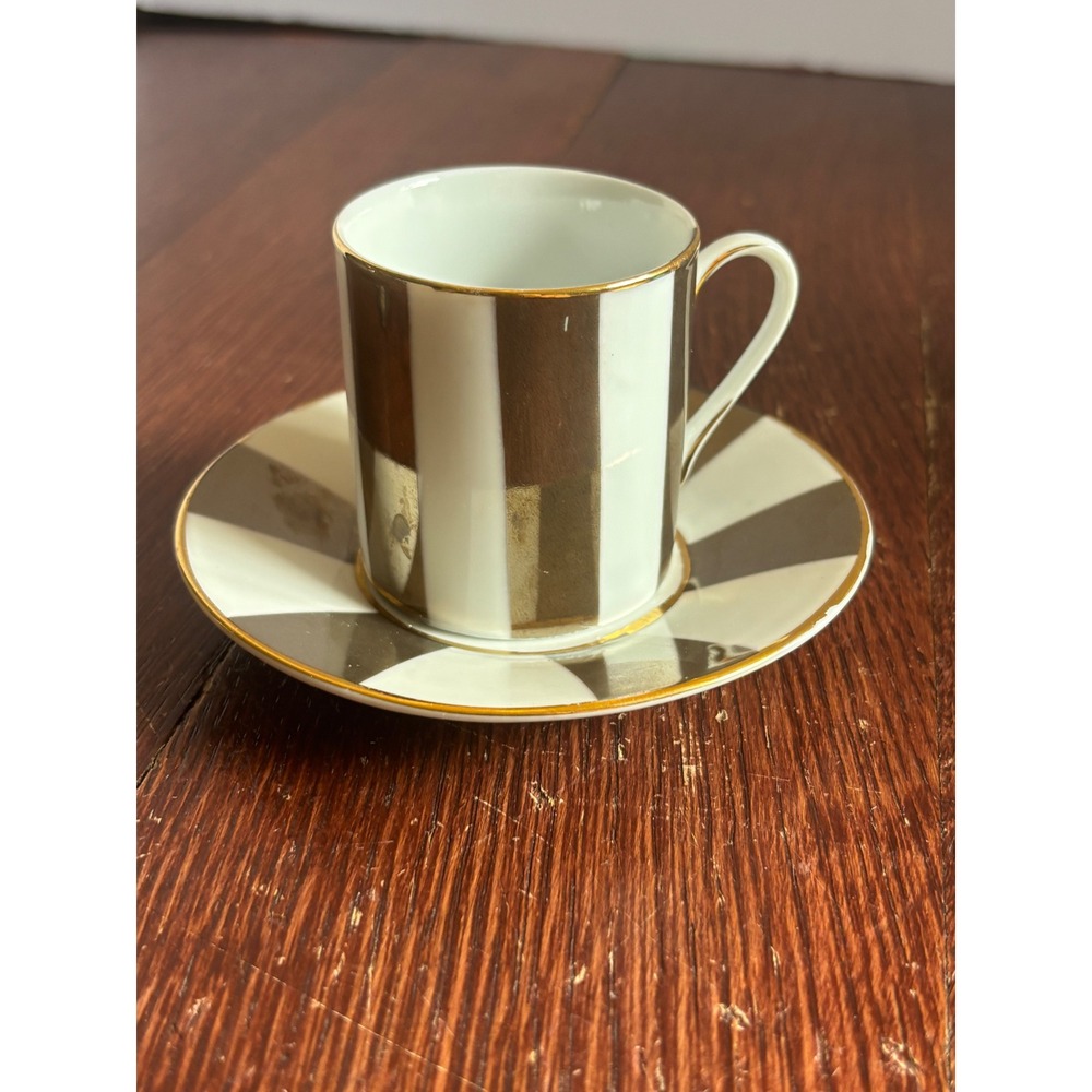 Special Place Espresso Cup & Saucer Gold White Striped Porcelain 2003 Demitasse